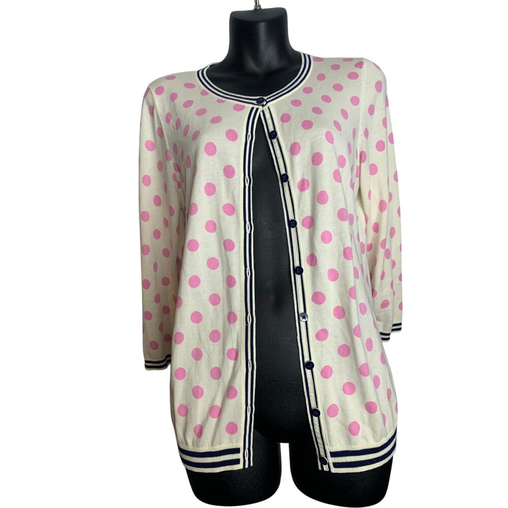 Talbots Women's Med Petite 2 Piece Cardigan Polka Dot Navy/Pink